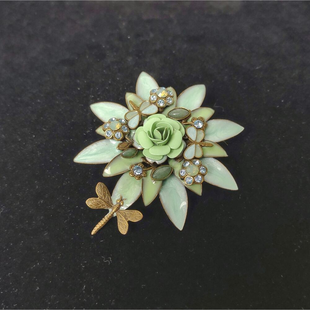 Floral & Dragonfly Brooch Enamel Encrusted Rhinestones Green Blue Flower Bee Pin - Picture 2 of 11